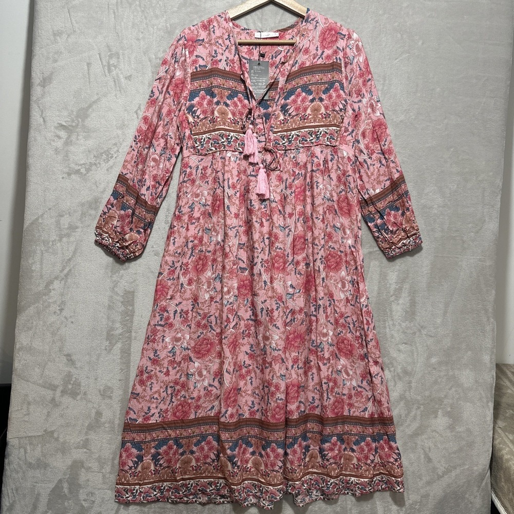 R. Vivimos Maxi Dress Pink Floral‎ Boho Peasant Tassel Ties Size XS 0/2 NWT